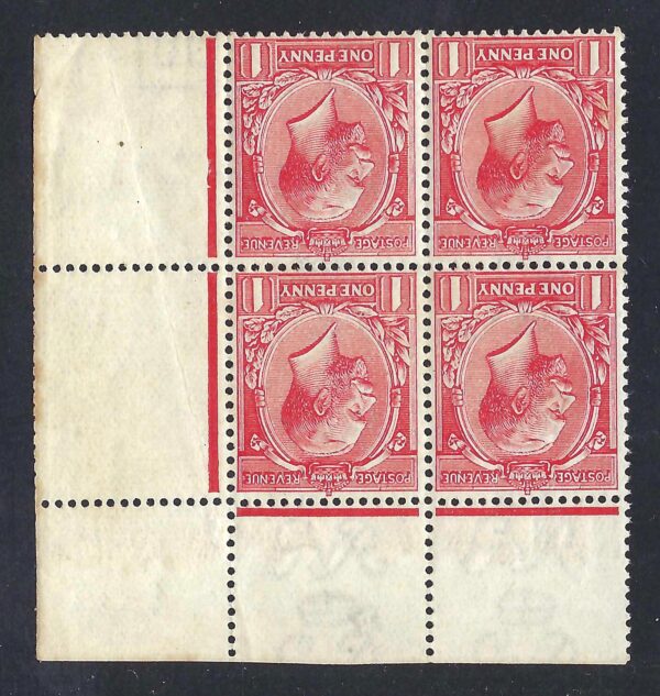 KGV sg359wi 1d pale rose-red block (wmk inverted) Spec N16(9)