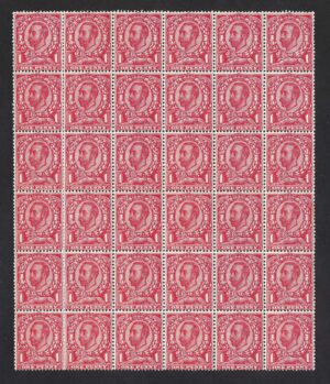 KGV sg341 1d bright scarlet block of 36 – unmounted mint