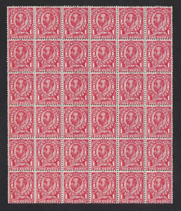 KGV sg341 1d bright scarlet block of 36 – unmounted mint