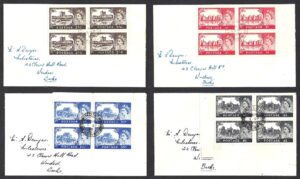 QEII 1955 set of Waterlow castles on FDC in blocks of 4 (sg536-539) each with a single Windsor cds.