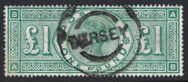 QV sg212 £1 green (A-B) with Guernsey cds