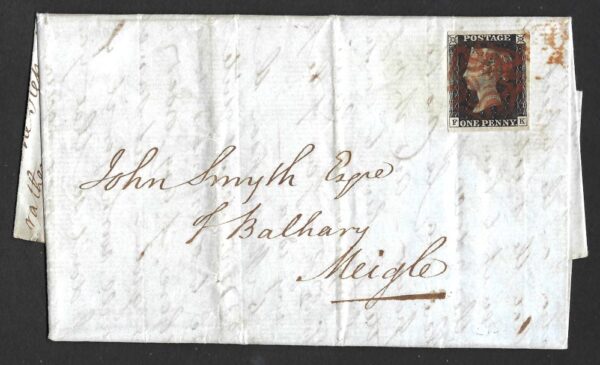 QV sg2 1d black (F-K) Plate 4 on 1840 cover to John Smyth of Balhary, Miegle