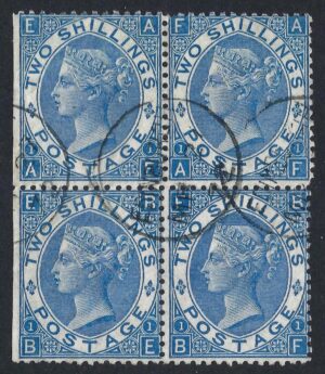 QV sg119 2s deep blue block (AE-BF) fine used with 1872 Edinburgh cds
