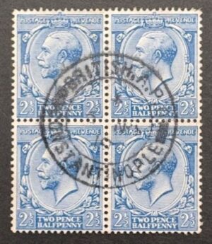 KGV sg372 2½d blue block with fine 1919 BR P,O Constantinople strike