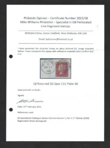 QV sg36 1d rose-red Spec C11 Plate 58 on piece – fine used with certificate