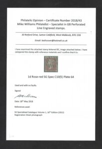 QV 1d rose-red Spec C10 Plate 64 – fine used with certificate