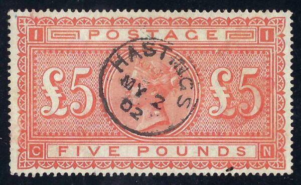 QV sg137 £5 orange (C-N) with fine 1902 Hastings cds