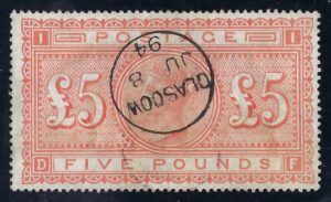 QV sg137 £5 orange (D-F) with fine 1894 Glasgow cds plus cert