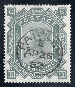 QV sg128 10/- greenish grey (B-G) with fine 1882 Paisley cds