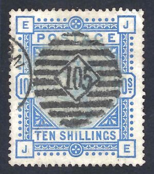 QV sg183 10/- ultramarine with 105 barred oval cancel