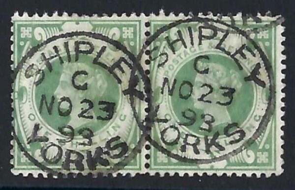 QV sg211 1s dull green pair with fine Shipley postmark