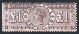 QV sg185 £1 brown-lilac (N-D) with light registered oval cancels