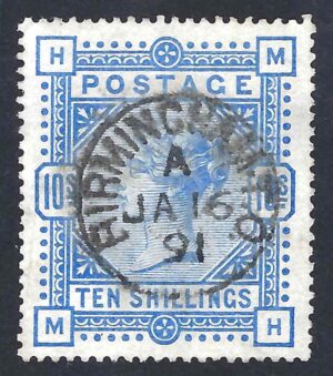 QV sg183 10/- ultramarine with 1891 Birmingham cds