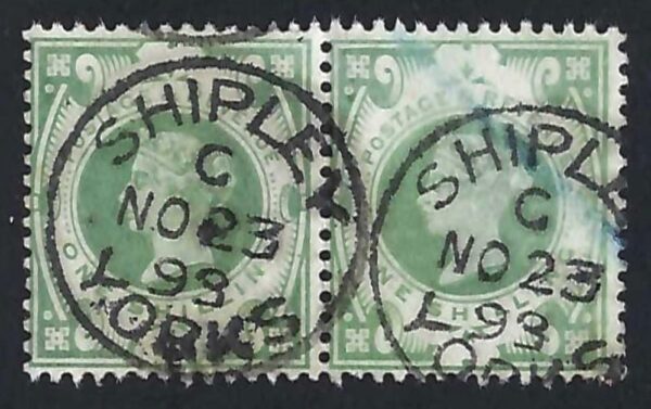 QV sg211 1s dull green pair with fine Shipley postmark