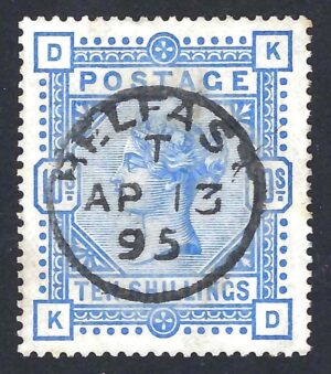 QV sg183 10/- ultramarine with 1895 Belfast cds