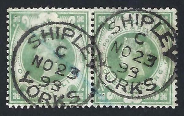 QV sg211 1s dull green pair with fine Shipley postmark