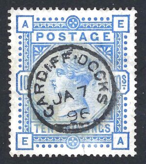 QV sg183 10/- ultramarine with 1896 Cardiff Docks cds