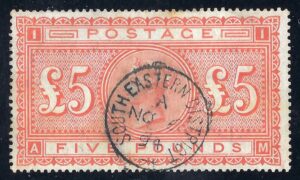 QV sg137 £5 orange (A-M) with fine 1894 South Eastern District cds