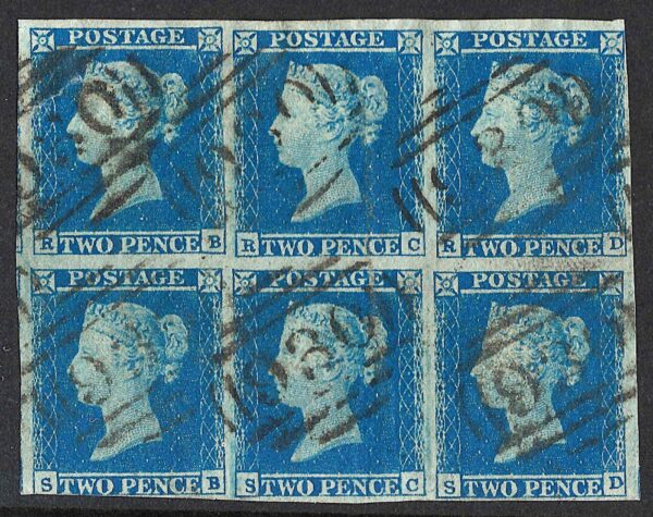 QV SG14 2d blue Plate 4 block (RB-SD) with York 930 cancels