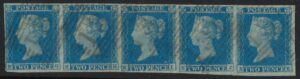 QV SG 13 2d pale blue Plate 4 strip (KG-KK) with Edinburgh 131 cancels