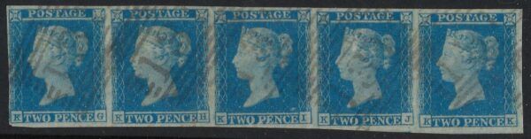 QV SG 13 2d pale blue Plate 4 strip (KG-KK) with Edinburgh 131 cancels