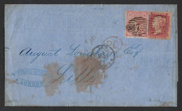 QV sg80 4d pale red + sg40 1d red on 1862 wrapper to Lille