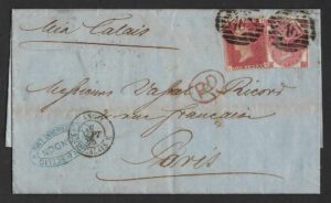 QV sg43 1d red Plate 81 + sg92 3d rose Plate 4 on 1865 wrapper to Paris