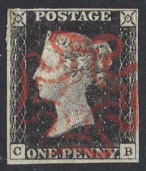 QV 1d black (C-B) plate 1b, 4 good margins with a red Maltese cross