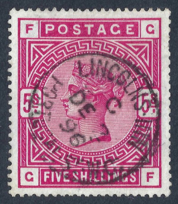 QV SG 181 5/- crimson (G-F) with fine 1896 Lincolns Inn cds