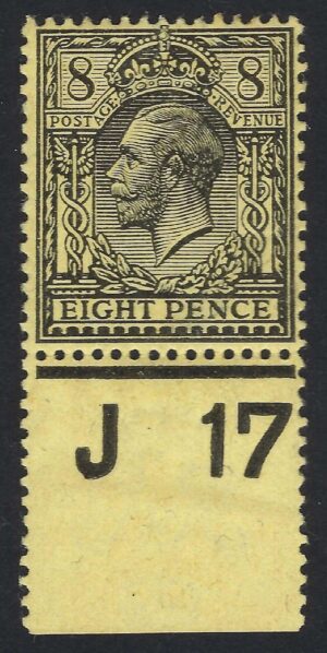 KGV SG 390/91 Spec N28(2) 8d Black on yellow Control J17 – mounted mint