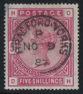 QV sg180 5/- rose (D-H) with fine 1887 Bradford Yorks cds