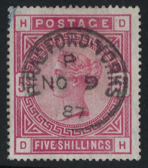 QV sg180 5/- rose (D-H) with fine 1887 Bradford Yorks cds