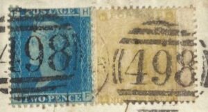 QV SG 86 9d bistre and SG 45 2d blue Plate 9 on 1865 wrapper to Calcutta