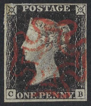 QV 1d black (C-B) plate 1b, 4 good margins with a red Maltese cross
