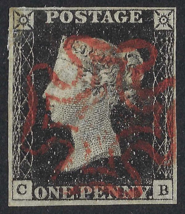 QV 1d black (C-B) plate 1b, 4 good margins with a red Maltese cross