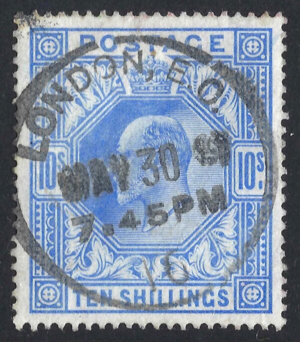 KEVII SG 319 10/- blue with dated 1916 London cds