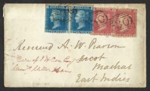 QV 2x SG45 2d blue Plate 8 with 2x 1d stars on 1860 cover to East Indies