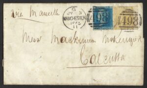 QV SG 86 9d bistre and SG 45 2d blue Plate 9 on 1865 wrapper to Calcutta