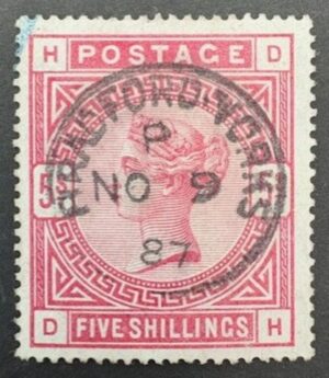 QV sg181 5/- crimson (D-H) with fine 1887 Bradford Yorks cds