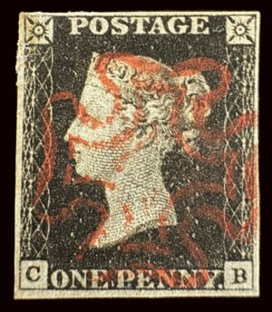 QV 1d black (C-B) plate 1b, 4 good margins with a red Maltese cross