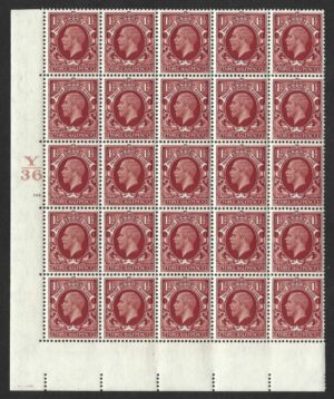 KGV SG 441 Spec N53(1) 1½d Red-brown Control Y36 144 dot block of 25