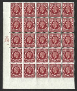 KGV SG 441 Spec N53(1) 1½d Red-brown Control Z36 149 dot block of 25