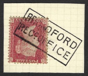 QV 1d red tied with boxed BROADFORD REC OFFICE on piece