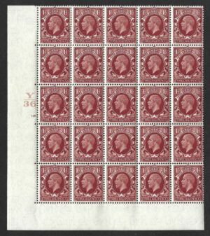 KGV SG 441 Spec N53(1) 1½d Red-brown Control Y36 148 no dot block of 25