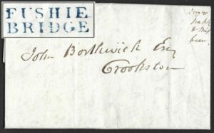 1830 correspondence to 13th Lord John Borthwick of Crookston with superb blue FUSHIE BRIDGE handstamp