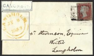 Fine CANONBIE and LANGHOLM postmarks on rear of 1853 cover