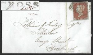 QV 1d red tied with fine Type VII CROSS backstamp on 1848 cover to Edinburgh