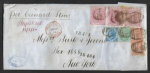 QV 1874 multi-stamped Registered mail Liverpool to New York cover