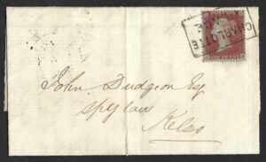 QV 1d red tied with fine boxed CHARLOTTE PLACE cancel on 1854 entire to Kelso