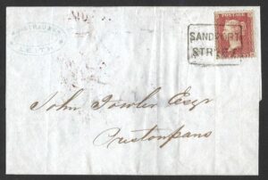 QV 1d red tied with fine boxed SANDPORT STREET cancel on 1855 wrapper to Prestonpans